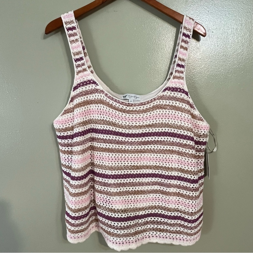 Jessica Simpson Striped Crochet Tank Top Tank Lined Summer Crop 2X MWT